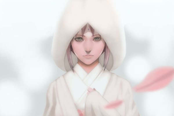 Anime picture 1350x900 with naruto studio pierrot naruto (series) haruno sakura kisuke izumo single looking at viewer fringe short hair simple background white background green eyes pink hair upper body traditional clothes japanese clothes wide sleeves hand on chest sleeves past wrists forehead mark