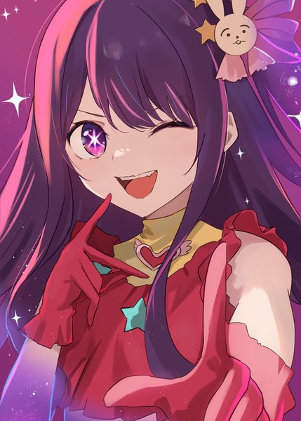 Anime picture 1559x2182 with oshi no ko hoshino ai (oshi no ko) ponzu pon9 single long hair tall image looking at viewer open mouth purple eyes purple hair upper body one eye closed symbol-shaped pupils ;d pointing at viewer girl gloves hair ornament red gloves
