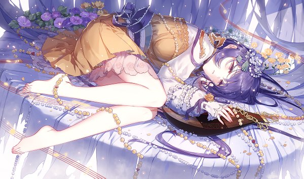 Anime picture 1200x709 with touhou tsukumo benben kieta single long hair wide image purple eyes purple hair full body lying long sleeves barefoot on side girl flower (flowers) beads musical instrument lute (instrument)