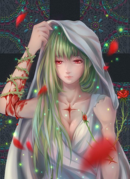 Anime picture 800x1100 with original emalfire single long hair tall image fringe breasts red eyes bare shoulders payot cleavage upper body arm up green hair looking down bleeding girl dress flower (flowers) plant (plants)