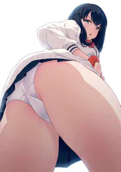 Anime picture 1000x1414 with gridman universe ssss.gridman studio trigger takarada rikka 40hara single long hair tall image looking at viewer blush fringe breasts open mouth light erotic black hair simple background hair between eyes standing white background ass