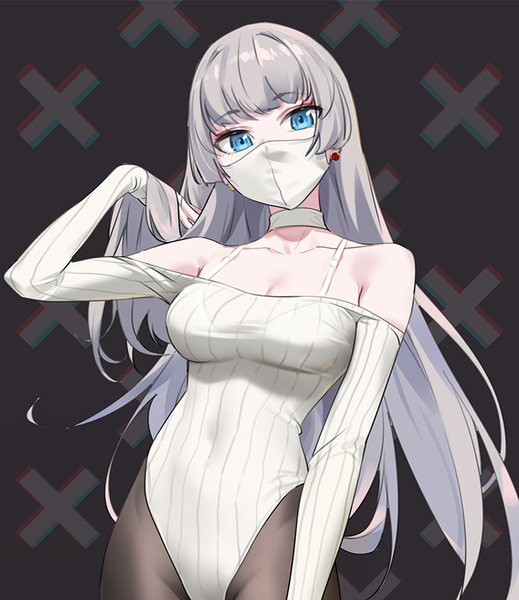 Anime picture 700x810 with original yd (orange maru) single long hair tall image looking at viewer fringe breasts blue eyes light erotic simple background standing bare shoulders cleavage silver hair blunt bangs head tilt arm up off shoulder groin