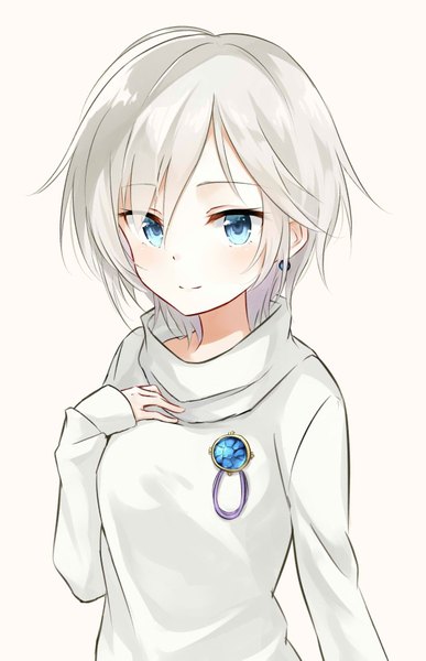 Anime picture 1093x1691 with idolmaster idolmaster cinderella girls anastasia (idolmaster) azuuru single tall image looking at viewer blush short hair blue eyes simple background white background silver hair light smile girl earrings turtleneck brooch