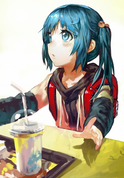 Anime picture 700x1000 with original aituoku single long hair tall image blue eyes twintails blue hair looking away girl drink backpack randoseru