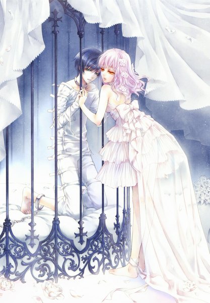 Anime picture 695x1000 with wand of fortune idea factory lulu (wand of fortune) est rinaudo usuba kagerou tall image blue eyes bare shoulders yellow eyes blue hair pink hair holding hands girl dress boy flower (flowers) bow ribbon (ribbons) petals white dress