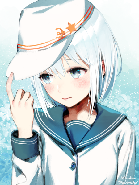 Anime picture 624x833 with kantai collection hibiki destroyer verniy destroyer kodama (wa-ka-me) single tall image blush fringe short hair hair between eyes signed looking away silver hair upper body long sleeves grey eyes dated alternate hairstyle adjusting hat remodel (kantai collection)