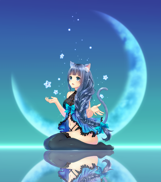 Anime picture 1000x1128 with original daidai jamu single long hair tall image fringe open mouth blue eyes light erotic smile sitting bare shoulders animal ears payot purple hair full body tail blunt bangs braid (braids) animal tail