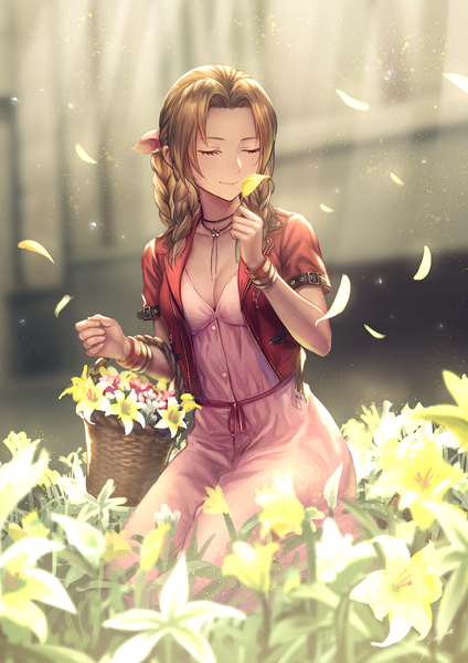 Anime picture 1447x2047 with final fantasy final fantasy vii final fantasy vii remake square enix aerith gainsborough anbe yoshirou single long hair tall image brown hair sitting holding payot cleavage outdoors braid (braids) eyes closed open jacket depth of field girl