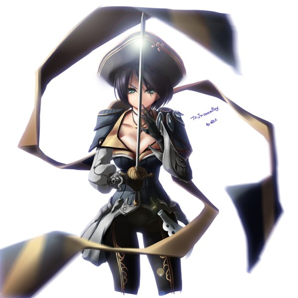 Anime picture 1500x1500 with league of legends fiora (league of legends) single looking at viewer short hair breasts black hair simple background white background green eyes girl weapon hat armor epee