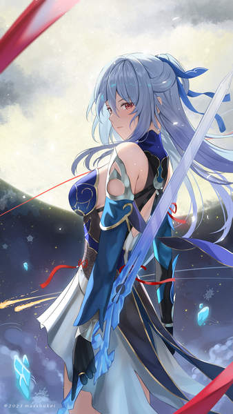 Anime picture 2894x5143 with honkai: star rail honkai (series) jingliu (honkai: star rail) massoukei single long hair tall image looking at viewer fringe highres breasts hair between eyes red eyes standing bare shoulders holding signed grey hair night night sky
