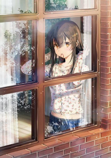 Anime picture 744x1052 with original ice (ice aptx) single long hair tall image looking at viewer blush fringe hair between eyes brown hair standing holding indoors long sleeves sunlight arms up midriff orange eyes mouth hold lens flare