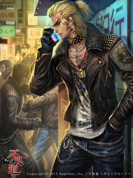 Anime picture 1600x2133 with furyou michi ~gang road~ original xaxak tall image short hair blonde hair ponytail profile black eyes inscription open clothes open jacket tattoo piercing city scar hand in pocket boy gloves pendant