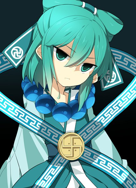 Anime picture 800x1105 with tartaros online muua yamaki suzume single tall image looking at viewer short hair simple background traditional clothes aqua eyes aqua hair gradient background dark background girl beads
