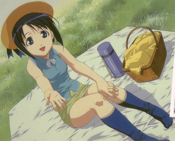 Anime picture 1610x1295 with love hina maehara shinobu single short hair blue eyes black hair sitting full body scan scan artifacts screening picnic girl skirt plant (plants) hat miniskirt socks grass knee socks