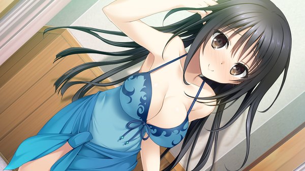 Anime picture 1280x720 with kiss ato natsume azusa mikoto akemi single long hair looking at viewer blush breasts light erotic black hair smile wide image game cg black eyes girl swimsuit