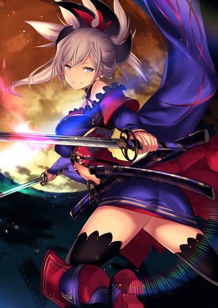 Anime picture 1000x1412 with fate (series) fate/grand order miyamoto musashi (fate) karlwolf single long hair tall image fringe blue eyes light erotic smile holding silver hair bent knee (knees) ass traditional clothes japanese clothes dual wielding center opening girl