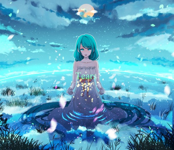 Anime picture 1000x863 with vocaloid hatsune miku rua (k-tie) single looking at viewer sky cloud (clouds) very long hair aqua eyes aqua hair night tears underbust girl dress plant (plants) petals moon grass sundress