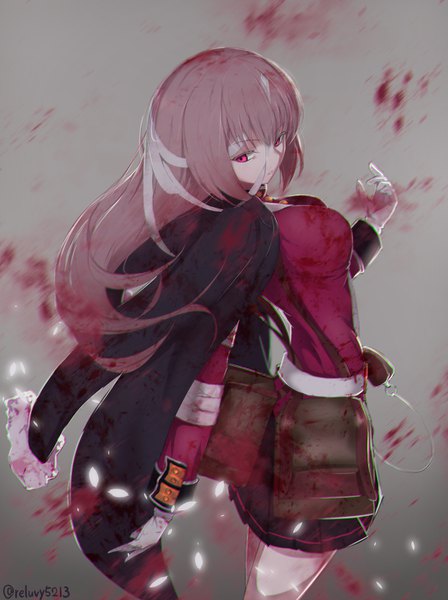 Anime picture 1087x1456 with fate (series) fate/grand order florence nightingale (fate) reluvy single long hair tall image breasts simple background red eyes large breasts signed looking away pink hair parted lips pleated skirt looking back blurry grey background fur trim
