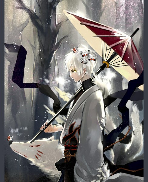 Anime picture 1000x1228 with original serori tall image looking at viewer short hair standing yellow eyes silver hair white hair long sleeves nail polish traditional clothes profile framed multiple tails boy ribbon (ribbons) animal tree (trees) insect
