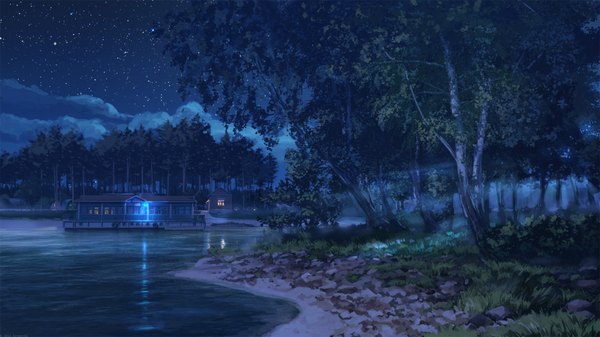 Anime picture 1920x1080 with original arsenixc highres wide image sky cloud (clouds) night sky no people river plant (plants) tree (trees) water building (buildings) star (stars) grass stone (stones)