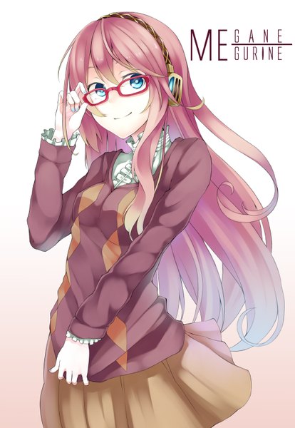 Anime picture 1036x1500 with vocaloid megurine luka retsuna single long hair tall image looking at viewer blue eyes smile pink hair girl glasses headphones sweater