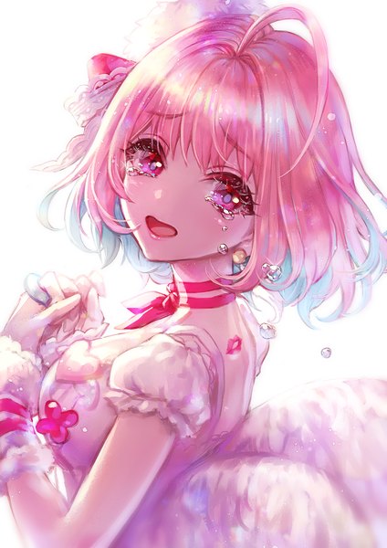Anime picture 1085x1535 with idolmaster idolmaster cinderella girls idolmaster cinderella girls starlight stage yumemi riamu murayama (u k) single tall image looking at viewer fringe short hair open mouth simple background hair between eyes white background pink hair upper body ahoge pink eyes multicolored hair aqua hair