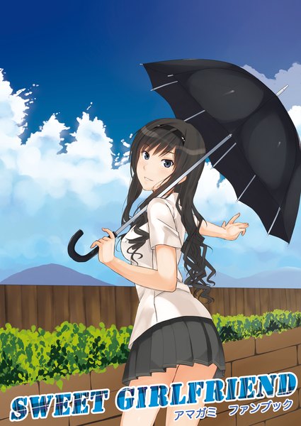 Anime picture 2507x3541 with amagami morishima haruka touhu (friend coffee) single long hair tall image highres blue eyes black hair standing holding cloud (clouds) pleated skirt looking back wavy hair girl skirt uniform school uniform miniskirt