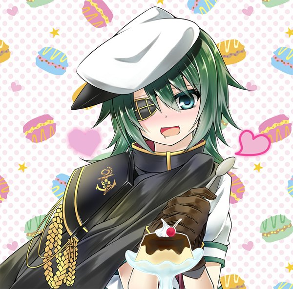 Anime picture 1076x1064 with kantai collection kiso light cruiser yuihira asu (sorairo as) single long hair looking at viewer blush fringe open mouth holding green eyes green hair happy girl gloves hat food heart sweets star (symbol)