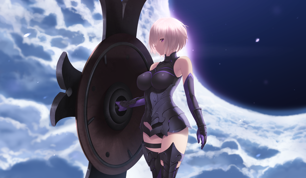 Anime picture 7087x4134 with fate (series) fate/grand order mash kyrielight cait single looking at viewer fringe highres short hair breasts light erotic wide image standing purple eyes bare shoulders holding pink hair absurdres sky cloud (clouds)