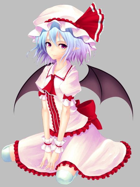 Anime picture 1080x1440 with touhou remilia scarlet junior27016 single tall image looking at viewer short hair red eyes animal ears blue hair girl thighhighs dress skirt bow white thighhighs wings frills bonnet skirt set