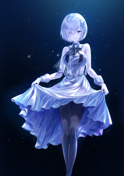 Anime picture 1240x1753 with fate (series) fate/grand order mash kyrielight marutani single tall image fringe short hair simple background purple eyes silver hair light smile hair over one eye sparkle black background under the same sky girl dress pantyhose black pantyhose