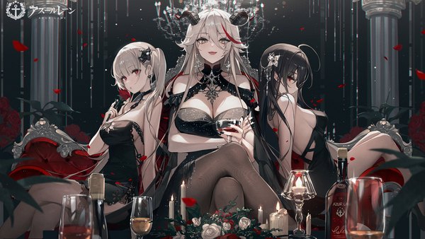Anime picture 2000x1125 with azur lane formidable (azur lane) taihou (azur lane) aegir (azur lane) ttosom long hair looking at viewer fringe highres breasts open mouth light erotic black hair smile hair between eyes red eyes wide image large breasts sitting twintails