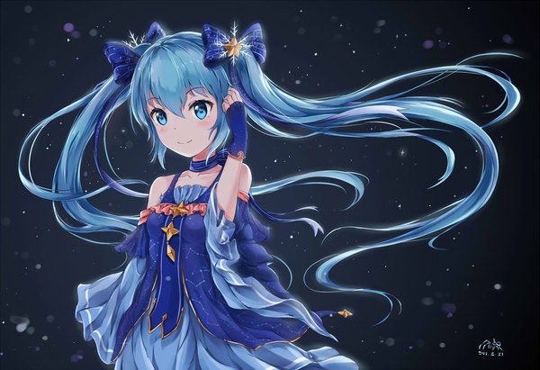 Anime picture 1737x1192 with vocaloid star night snow (vocaloid) hatsune miku yuki miku yuki miku (2017) shibanme tekikumo single blush fringe highres smile hair between eyes twintails bare shoulders signed payot looking away very long hair aqua eyes wind