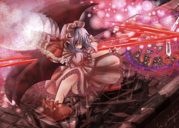 Anime-Bild 1600x1144 mit touhou remilia scarlet haru ion short hair red eyes looking back grey hair magic girl dress weapon wings bonnet spear the gungnir