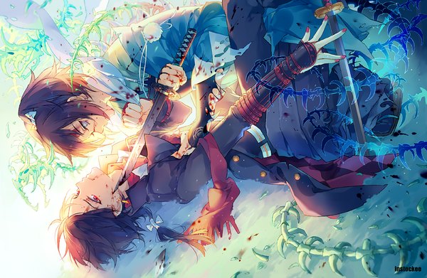 Anime picture 900x587 with touken ranbu nitroplus kashuu kiyomitsu yamato no kami yasusada instockee long hair looking at viewer fringe blue eyes red eyes brown hair holding lying nail polish traditional clothes parted lips japanese clothes multiple boys on back torn clothes
