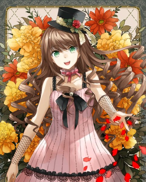 Anime picture 960x1200 with original ryou (kimagure) single long hair tall image looking at viewer open mouth smile brown hair bare shoulders green eyes drill hair happy girl dress flower (flowers) ribbon (ribbons) hat petals