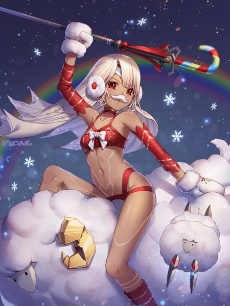 Anime picture 700x933 with fate (series) fate/grand order altera (fate) altera the santa (fate) roang single tall image looking at viewer short hair light erotic blonde hair red eyes sitting signed arm up :o dark skin snowing christmas girl