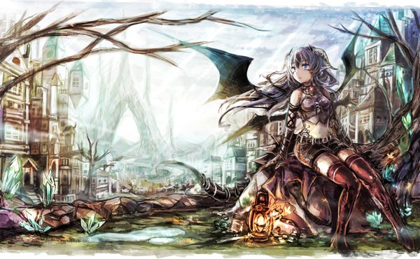 Anime picture 1550x958 with original rudia single long hair blue eyes wide image bare shoulders looking away tail grey hair midriff girl thighhighs gloves wings elbow gloves shorts crystal castle