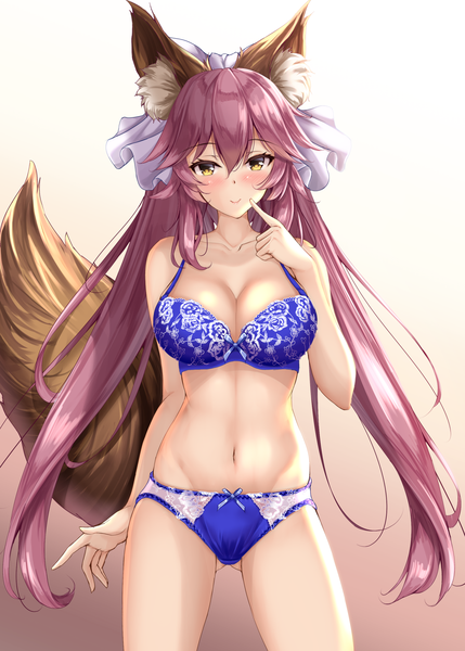 Anime picture 1430x2000 with fate (series) fate/extra tamamo (fate) (all) tamamo no mae (fate) fukuda shuushi single long hair tall image blush fringe breasts light erotic simple background smile hair between eyes large breasts twintails animal ears yellow eyes payot