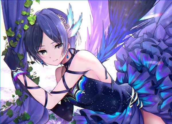 Anime picture 2436x1760 with idolmaster idolmaster cinderella girls hayami kanade himawarino-tane single looking at viewer highres short hair bare shoulders yellow eyes blue hair light smile sparkle blue-winged maiden girl dress gloves hair ornament plant (plants) earrings