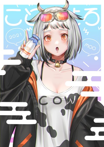 Anime picture 2480x3507 with original azaka (rionrita) single tall image highres short hair open mouth holding cleavage silver hair upper body long sleeves nail polish horn (horns) open jacket :o orange eyes border sleeves past wrists new year