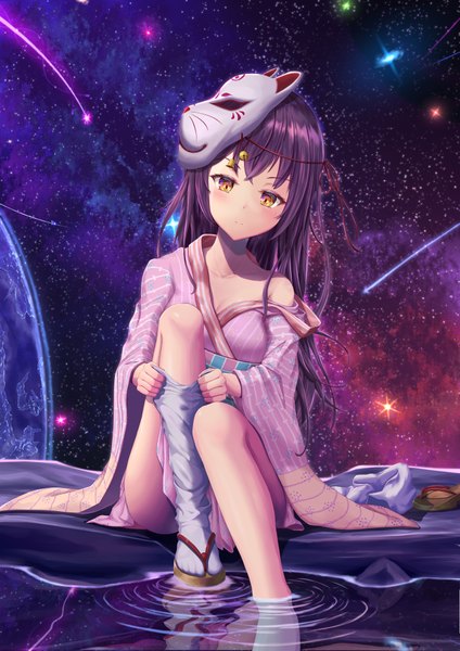 Anime picture 2894x4093 with original zinob single long hair tall image blush fringe highres sitting bare shoulders yellow eyes purple hair bent knee (knees) traditional clothes head tilt japanese clothes light smile off shoulder night wide sleeves