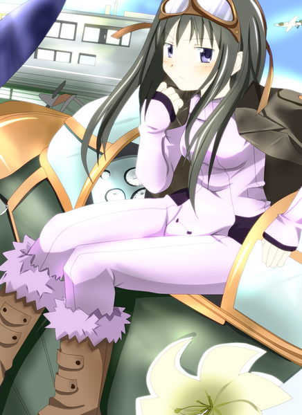 Anime picture 1275x1755 with mahou shoujo madoka magica shaft (studio) akemi homura yuiyuimoe single long hair tall image black hair sitting purple eyes girl boots goggles