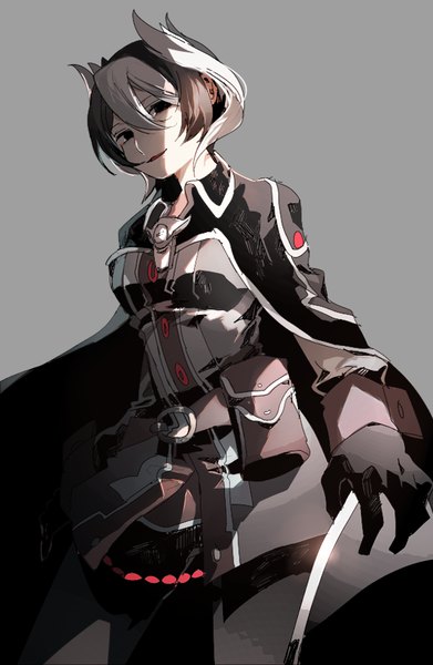 Anime picture 587x900 with made in abyss kinema citrus ozen newo (shinra-p) single tall image looking at viewer fringe short hair open mouth black hair simple background hair between eyes standing holding white hair multicolored hair black eyes grey background two-tone hair