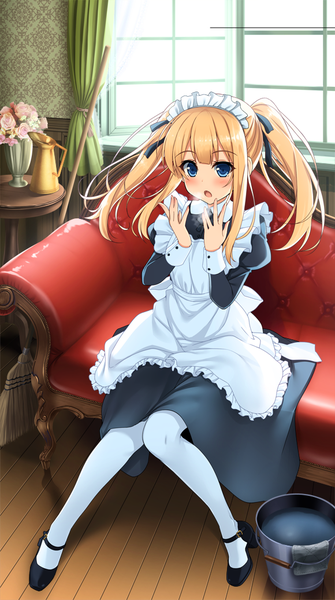 Anime picture 580x1036 with original raiou single long hair tall image looking at viewer open mouth blue eyes blonde hair sitting twintails bent knee (knees) indoors maid exhalation girl dress uniform flower (flowers) ribbon (ribbons)