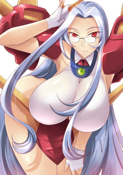 Anime picture 800x1132 with mobile suit gundam gundam g no reconguista sunrise (studio) haganef single long hair tall image looking at viewer breasts light erotic simple background red eyes white background silver hair leaning leaning forward huge breasts girl gloves glasses