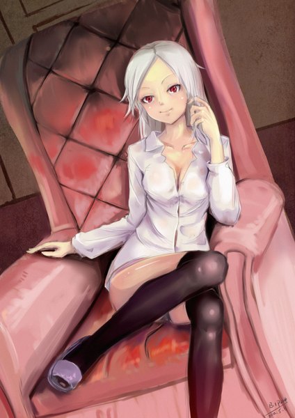 Anime picture 1200x1696 with b1944 single long hair tall image light erotic red eyes sitting signed cleavage white hair light smile partially open clothes girl thighhighs black thighhighs shirt armchair