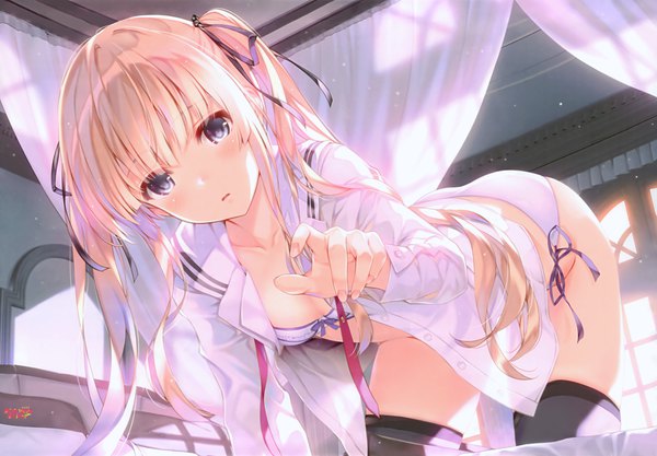 Anime picture 6160x4287 with saenai heroine no sodatekata a-1 pictures sawamura spencer eriri misaki kurehito single long hair looking at viewer blush fringe highres breasts open mouth blue eyes light erotic blonde hair twintails absurdres cleavage indoors blunt bangs