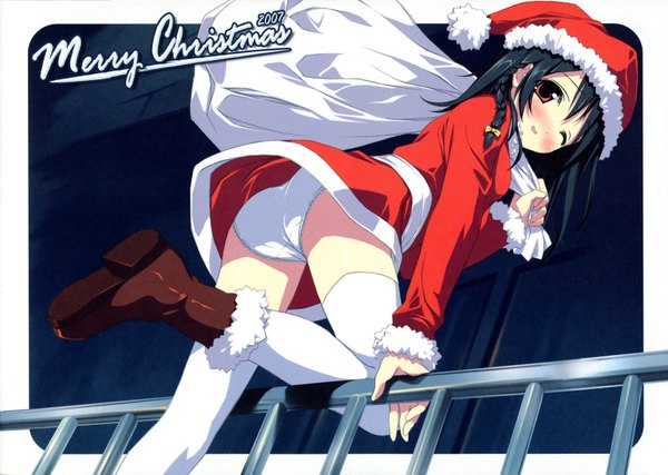 Anime picture 3621x2578 with original kantoku single long hair highres light erotic black hair fur trim christmas winter merry christmas 2007 girl thighhighs underwear panties hat white thighhighs fur white panties