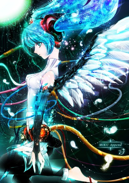 Anime picture 1005x1421 with vocaloid hatsune miku yuki mami single long hair tall image twintails bare shoulders signed profile barefoot aqua eyes aqua hair inscription light angel wings mechanical wings girl detached sleeves wings